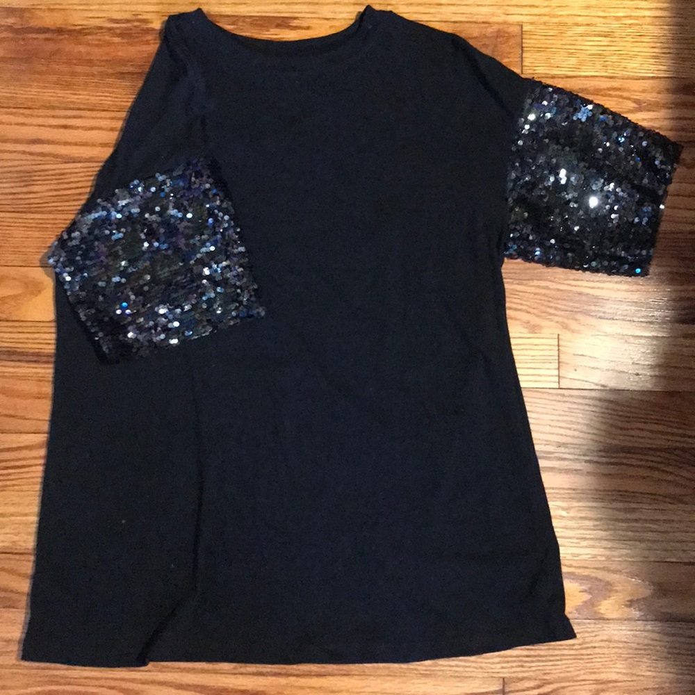 Black tee with sequin sleeves